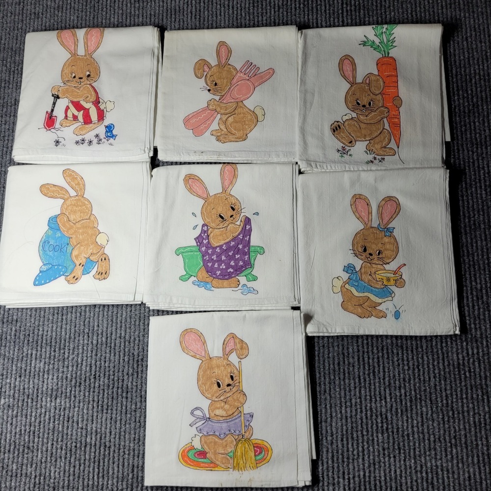 7 Cotton‎ Tea Towels Hand Painted with Bunny Easter Rabbits